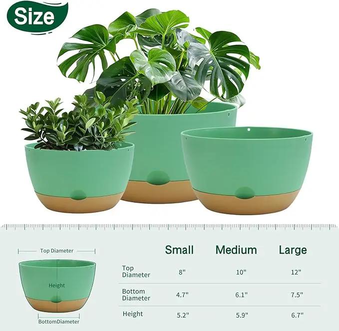 8/10/12 Inch Pots for Indoor Plants, Large Self Watering Planters with Drainage and Saucers, Plastic Outdoor Flower Pot, Set of 3, Green by GreenHaven Gardens