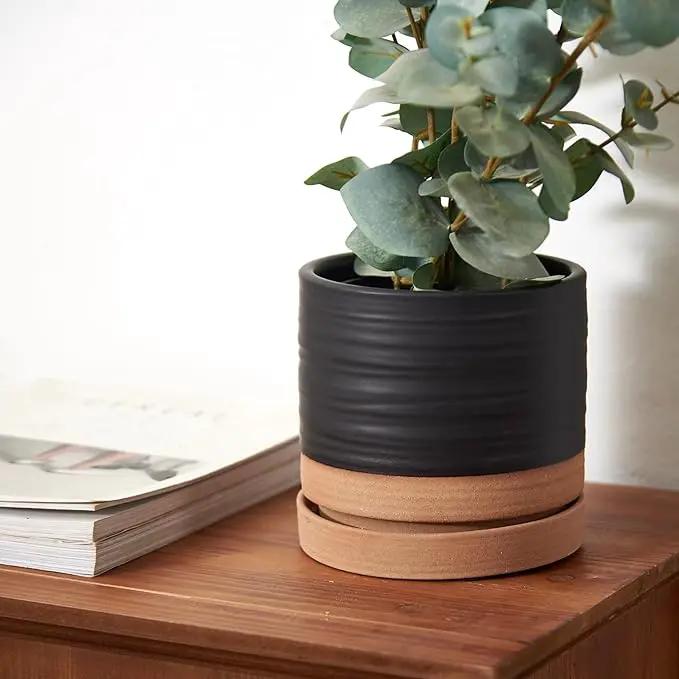 6 Inch Plant Pots, Ceramic Planter Pot with Drainage Hole & Saucer, Indoor/Outdoor Cylinder Round Planter Pot, Matte Black & Brown by GreenHaven Gardens