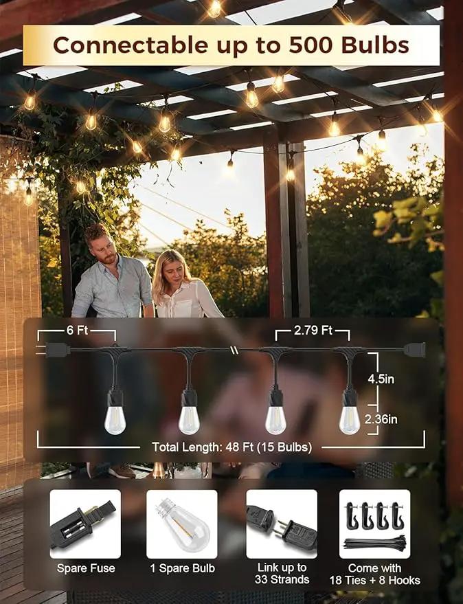 XMCOSY+ 48FT Outdoor String Lights Waterproof - LED Patio Hanging Lights for Outside Porch Backyard Gazebo Garden, Commercial Grade 16 Edison Bulbs by GreenHaven Gardens