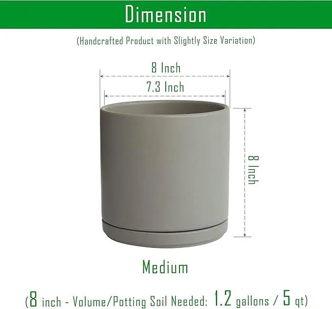Set of 2 Plants Pots, 8 Inch Ceramic Planter Pot for Plants with Drainage Hole and Saucer, Speckled Grey, 94-V-D-3 by GreenHaven Gardens