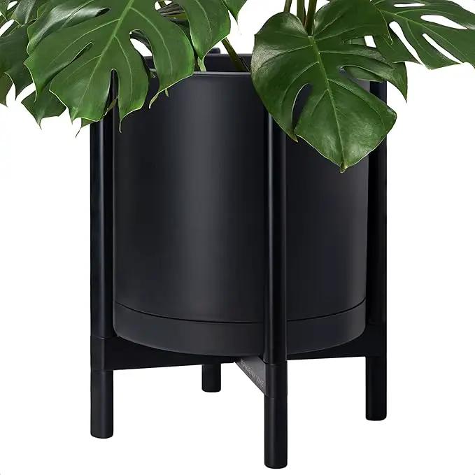 D'vine Dev Planter Pot with Stand - 16 Inch Plastic Cylinder Flower Pot with Wood Planter Holder for Indoor, Matte Black Pot + Ebony Stand, 55-C-Z-2 by GreenHaven Gardens