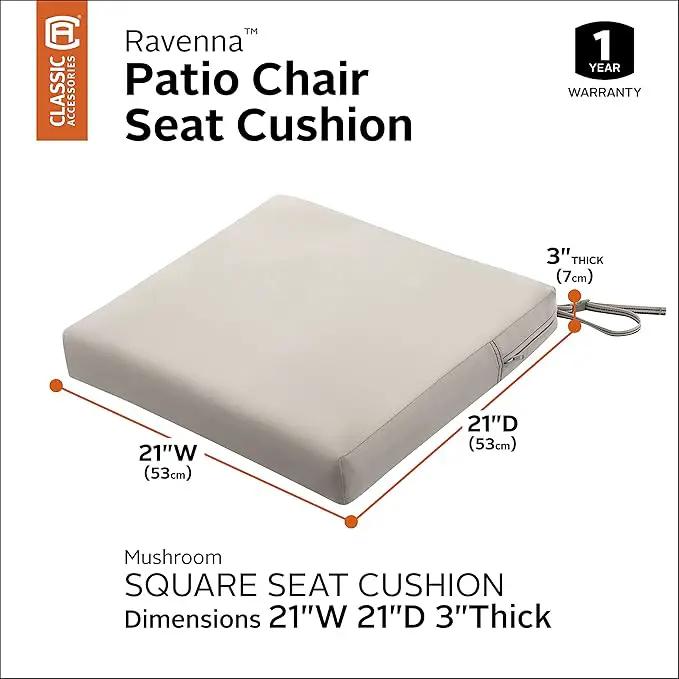 Classic Accessories Ravenna Water-Resistant 21 x 21 x 3 Inch Patio Seat Cushion, Mushroom, Chair Seat Cushion by GreenHaven Gardens