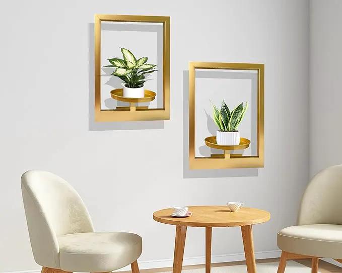 Picture Frame Plant Holder, Window Planter Hanger Shelves,Wall Mount Plants shelf Indoor Outdoor, Metal Hanging Planters Stand Decor,Modern Floating Ornament Rack Art for Home & Garden (Gold 2pc) by GreenHaven Gardens