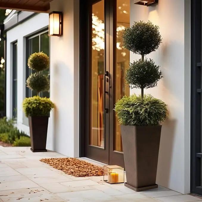 LA JOLIE MUSE 26 inch Tall Planters for Outdoor Plants,Set of 2 Tapered Planters with Trays,Iron Plastic Rectangular Tall Planters for Front Door, Patio and Deck, 26'' Iron With Tray by GreenHaven Gardens