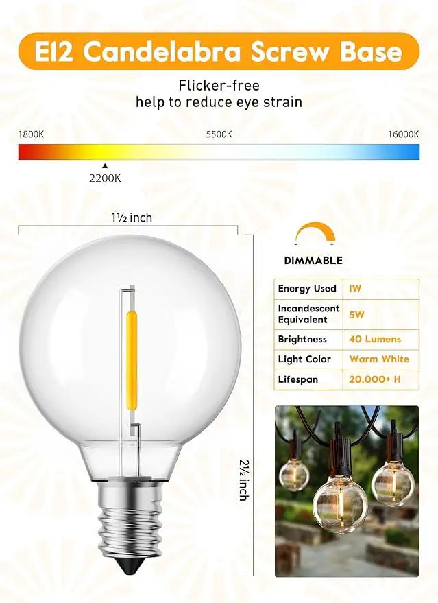 Brightown G40 Replacement LED Light Bulbs, 10 Pack Clear Globe Bulb fits E12 C7 Candelabra Screw Base Sockets, 1.5 Inch Dimmable Edison Light Bulbs for Indoor Outdoor Patio Decor, Warm White by GreenHaven Gardens