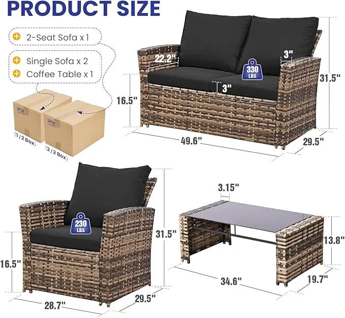 5 Piece Patio Furniture Set with 43" Propane Fire Pit Table, Outdoor Wicker Conversation Set, Rattan Modern Sectional Sofa Couch with Coffee Table for Backyard Porch Garden Poolside, Yellow-Black by GreenHaven Gardens