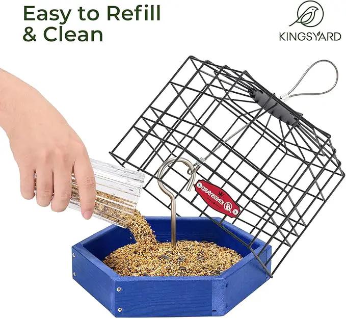 Kingsyard Squirrel Proof Platform Bird Feeder for Outdoor Hanging, Caged Bird Feeder for Bluebird Mealworm, Recycled Plastic Feeding Platform with Metal Mesh Tray, Special for Small Birds, Blue by GreenHaven Gardens