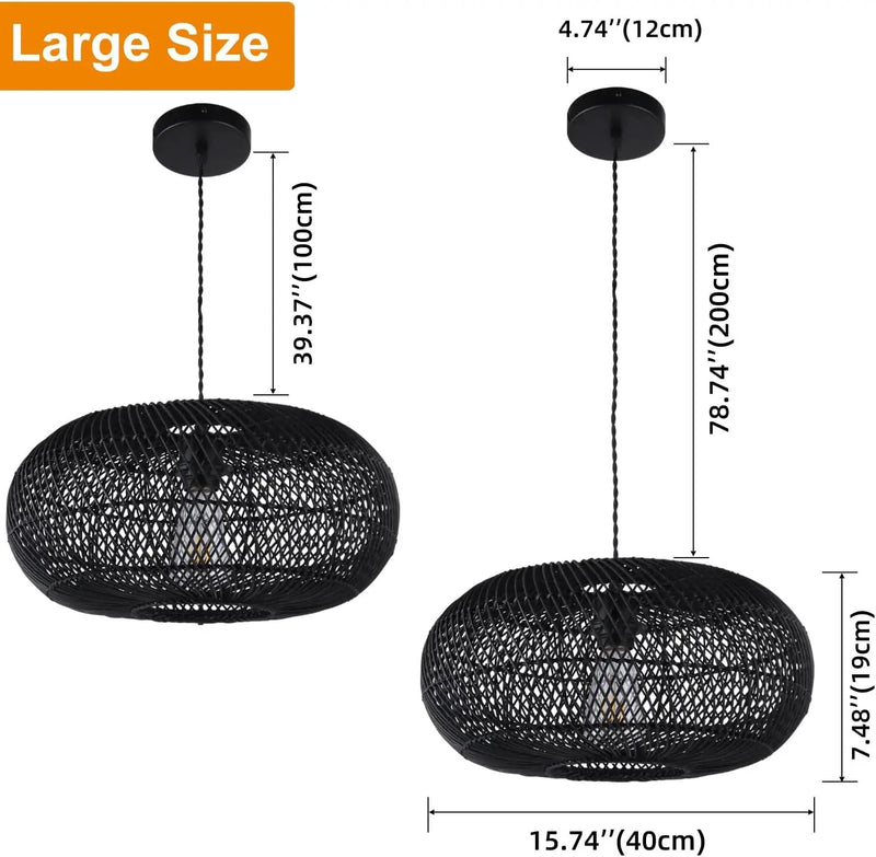 Rattan Pendant Light 15.75" 1-Light Hand-Woven Bamboo Rattan Hanging Lamp Large Globe Wicker Chandelier Modern Bohemian Adjustable Pendant Lamp for Kitchen Island Farmhouse Outdoor Porch Black.… by GreenHaven Gardens