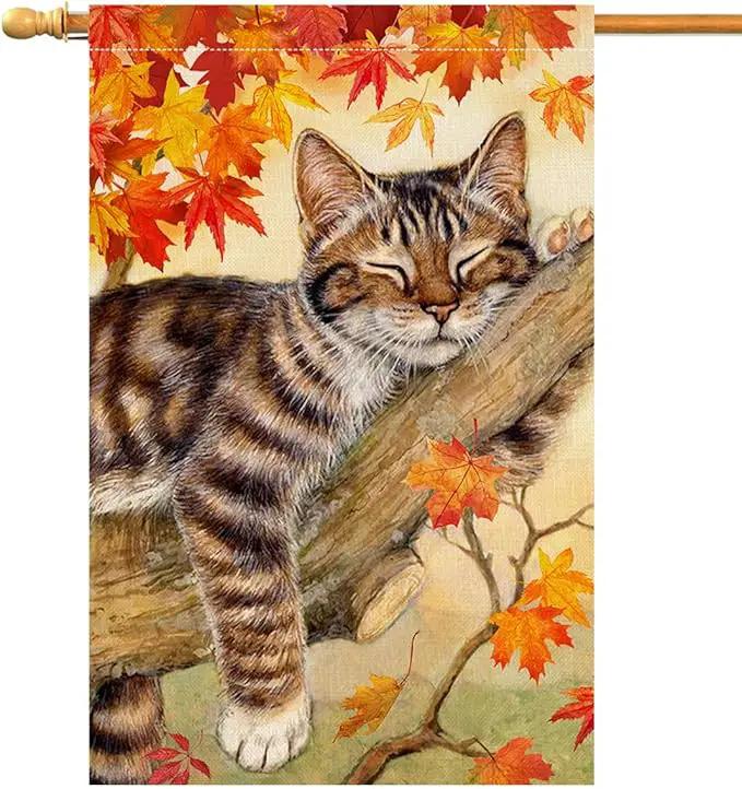 BLKWHT Fall Cat House Flag 28 x 40 Vertical Double Sided Autumn Leaves Thanksgiving Holiday Outside Decorations Burlap Yard Flag BW699-40 by GreenHaven Gardens