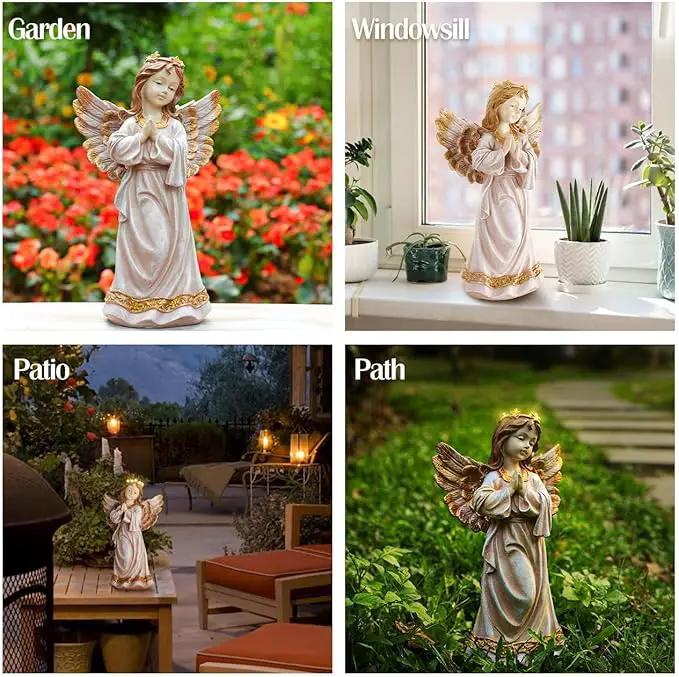 Angel Garden Statue,Memory Guardian Solar Garden Decor with Warm Light,Waterproof Praying Angel Statue with Garland,Outdoor Garden Decor Sculpture for Lawn Yard Patio,Sympathy Gift,Apricot Pink by GreenHaven Gardens