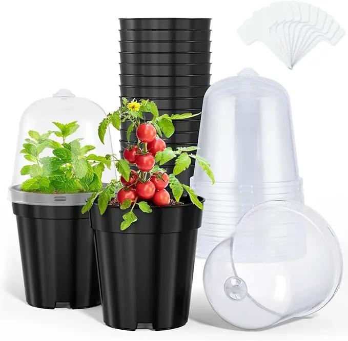 homenote Nursery Pots for Plants,5 Inch Plant Pot for Planting with Humidity Domes Plastic Seedling with Drainage Holes Seed Starter Flower with 10 Labels Black (15 Pack) by GreenHaven Gardens