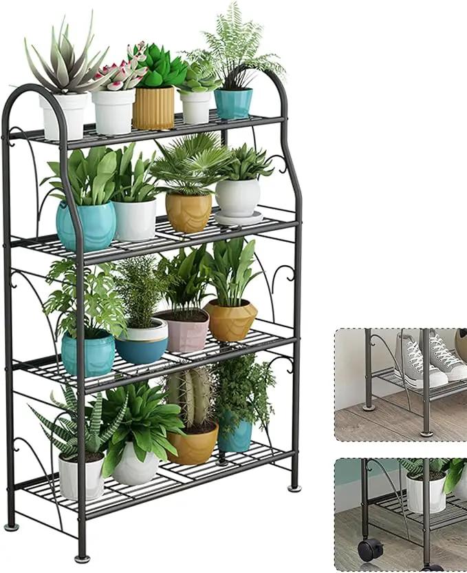 4 Tier Metal Plant Stand with wheels rack, Heavy Duty Metal Plant Shelf for Indoor/Outdoor Living Room, Balcony, Garden, Black by GreenHaven Gardens