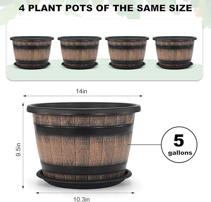 Quarut Large Plastic 4 Pack14 inch Plant Pots,Whiskey Barrel Planters with Drainage Holes & Saucer.Flower Pots Imitation Wine Barrel Design for Indoor & Outdoor Garden Balcony Plants.5 Gallons(Brown) by GreenHaven Gardens