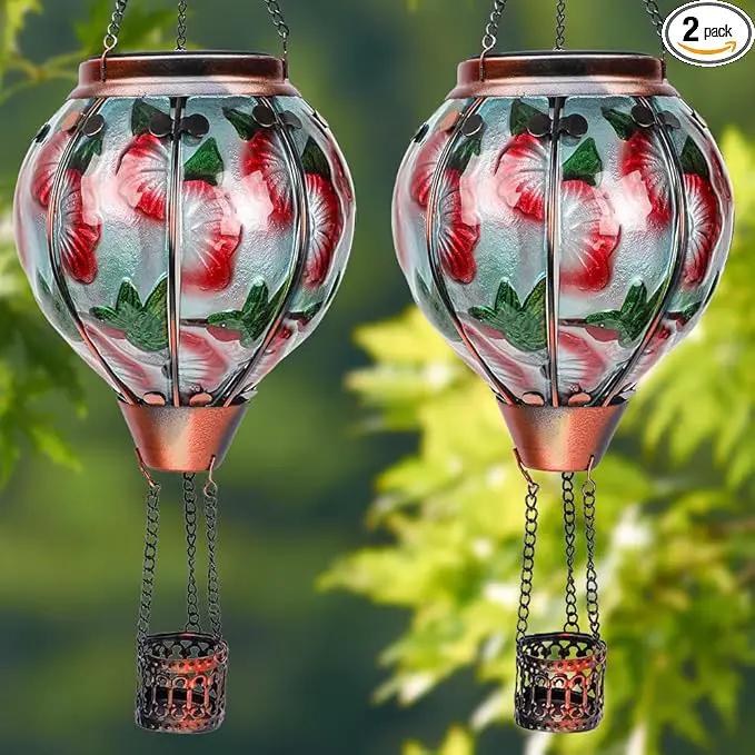 2PCS Solar Hot Air Balloon Flickering Flame Hanging Garden Light with Shepherd's Hooks, Waterproof Glass Outdoor Lantern for Yard Patio, Mother's Day Gift, 18" H Hummingbird & Flower by GreenHaven Gardens