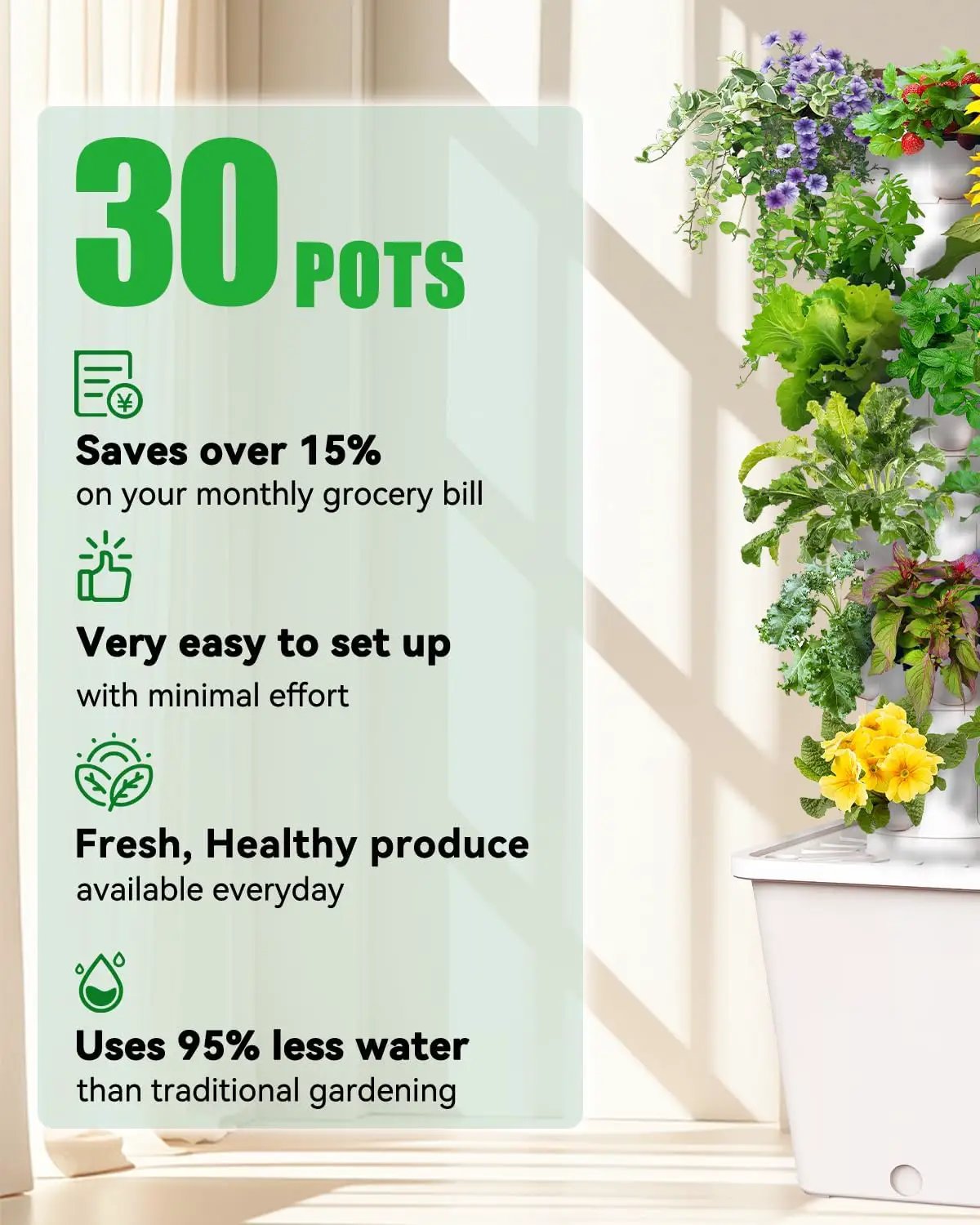 Vertical Hydroponics Growing System Kit, Indoor Outdoor Gardening System Kits, Herb & Fruits Growing Tower, 6 Layer 30 Pods by GreenHaven Gardens