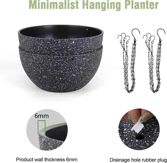 10 inch Hanging Planters for Indoor Outdoor Plants, 2 Pack Hanging Flower Plant Pots with Drainage Holes and Chain for Garden Porch, Plastic Hanging Baskets for House Plants, Speckled Black by GreenHaven Gardens