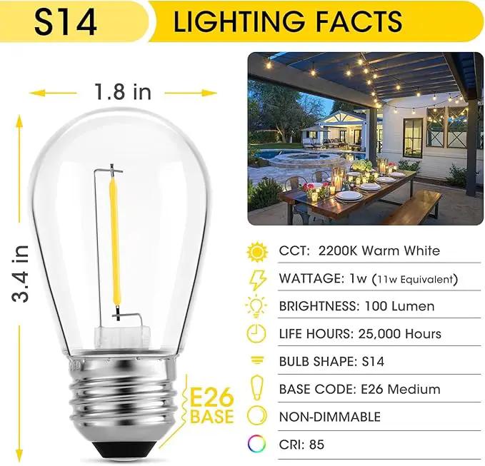 Meconard Outdoor Patio String Light Bulbs, Shatterproof Waterproof S14 LED Replacement Bulbs for Outdoor String Lights, 1W LED Bulbs Equal to 11W Incandescent, 2200K Warm White, E26 Base, Non-Dimmable by GreenHaven Gardens