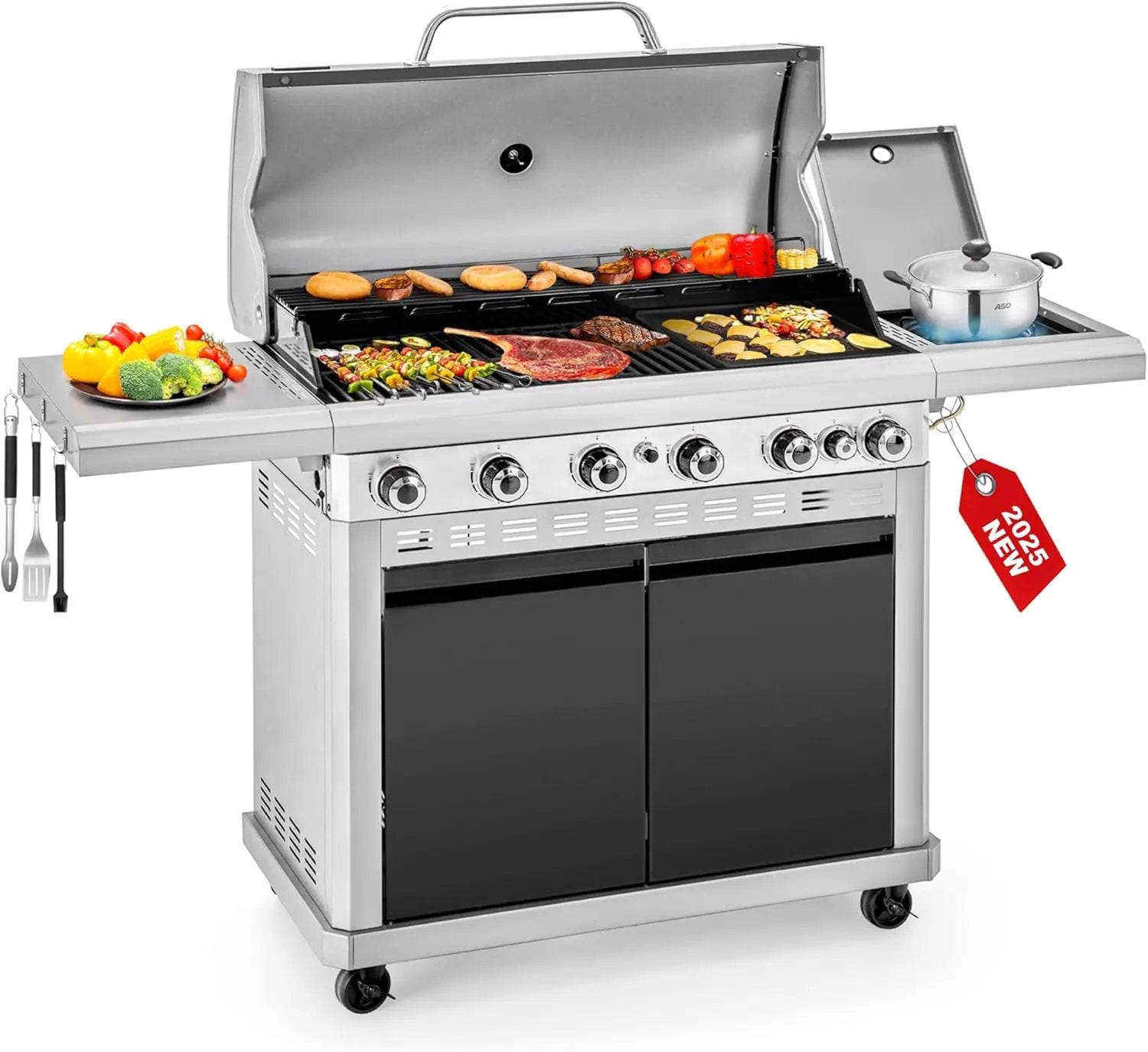 2 in 1 Propane Griddle Grill Combo, 6-Burner Propane Gas BBQ Combo Grill with Porcelain-Enameled Cast Iron Grates & Plate, 42,000 BTU with Side Stove for Outdoor Cooking Camping Patio Backyard by GreenHaven Gardens