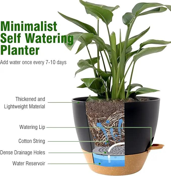 12/10/9 inch Large Self Watering Pots, Planter, Plant Pots with Mesh Drainage Holes for Indoor Outdoor Garden Plants, Plastic Flower Pots with Removable Deep Reservoir, Black with Brown by GreenHaven Gardens