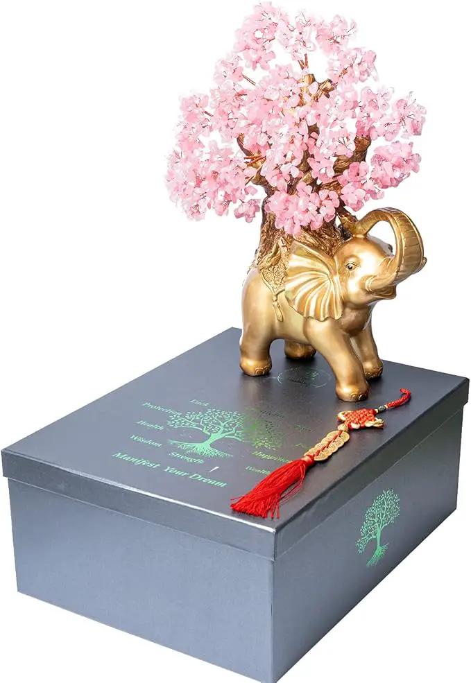 Rose Quartz Crystal Money Tree on Gold Elephant Statue, 17”Large Gemstone Bonsai Tree of Life Home Décor Gifts for Wealth Positive Energy, Feng Shui Décor by GreenHaven Gardens