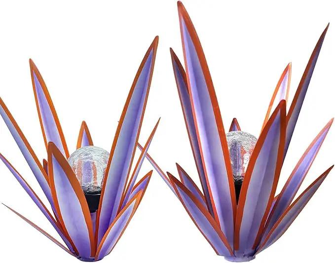 Metal Agave Plant Garden Art, 2 Pack Tequila Rustic Sculpture, Rustic Metal Agave Plants Garden Lawn Home Ornaments, for Yard Stakes, Garden Figurines, Outdoor Patio (2 PCS Purple with Light) by GreenHaven Gardens