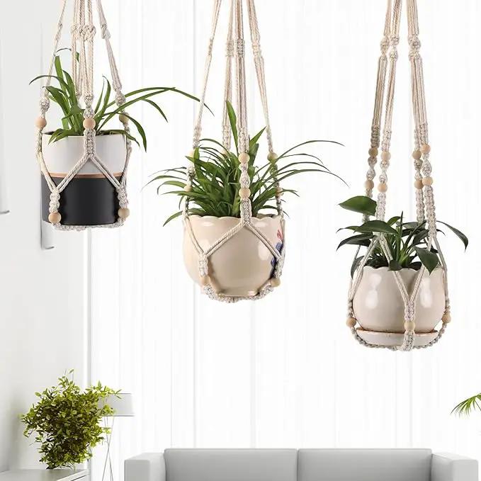 3-Pack Macrame Plant Hanger Indoor - Hanging Planter Basket for Indoor Outdoor - Decorative Boho Plant Holders Set with Beads - Ceiling Flower Pot Holder with 6 Hooks - 35"/30"/24" White by GreenHaven Gardens