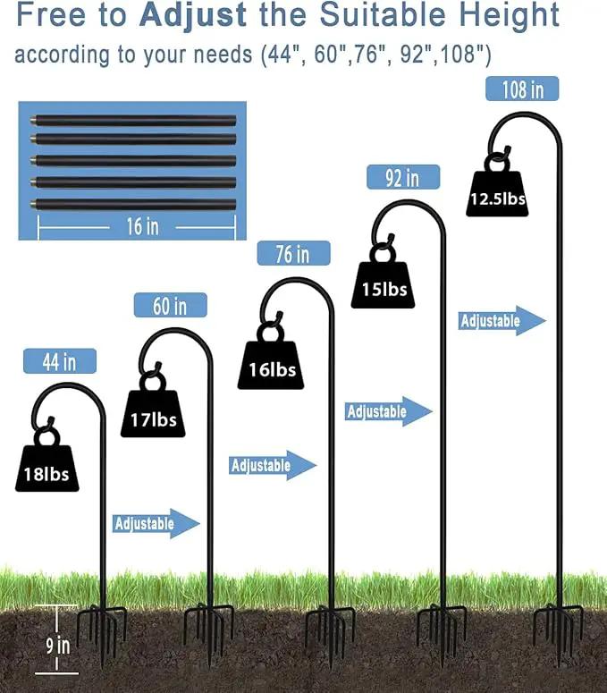 108 inch Outdoor Shepherd Hook with 5 Prong Base (2 Packs), Adjustable Heavy Duty Garden Hanging Stake for Bird Feeder Solar Light Plant Hanger Wedding Decor, Matte Black by GreenHaven Gardens