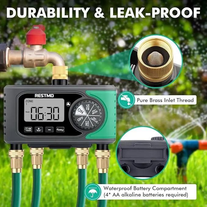 RESTMO 4-Outlet Sprinkler Timer with Brass Inlet, 4 Zone Programmable Water Timer for Garden Hose, Automatic Digital Control | Manual ON/Off | Rain Delay, for Outdoor Faucet, Drip Irrigation and Lawn by GreenHaven Gardens