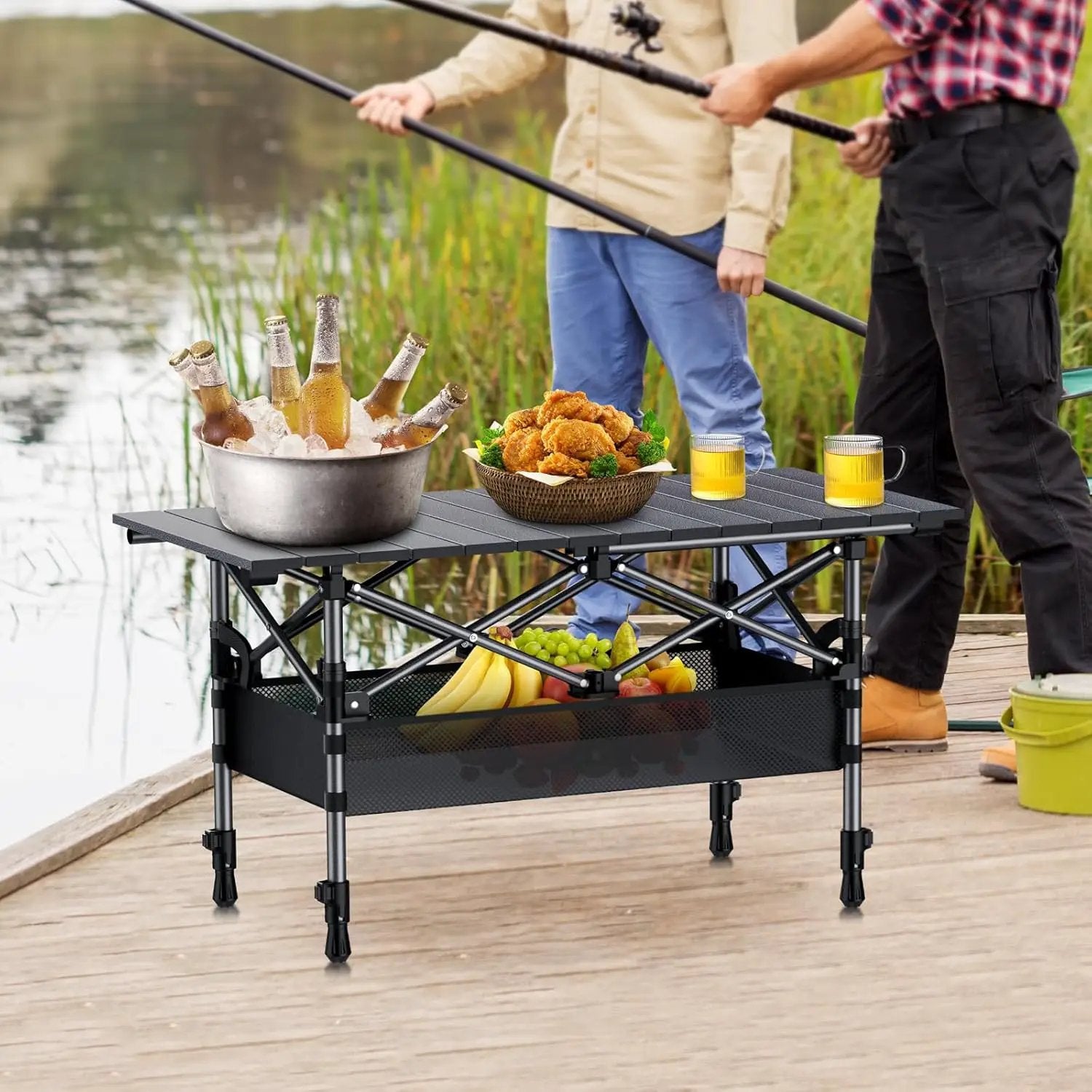 Folding Camping Table, Aluminum Roll Up Camping Table Adjustable Height with Storage Net and Bag, Lightweight Outdoor Table 32.2” X 16”, for Outdoor Travel BBQ Party Picnic, Black by GreenHaven Gardens