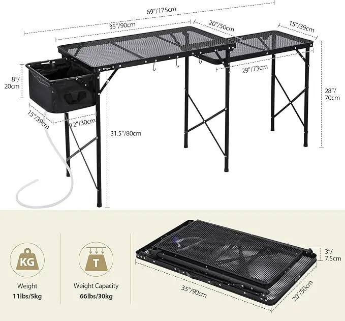 REDCAMP Portable Grill Table with Sink for Outside, Lightweight Aluminum Frame Folding Grill Stand Table with Adjustable Height for Camping Picnic Cooking BBQ, 36 x 20 x 31 in, Black by GreenHaven Gardens