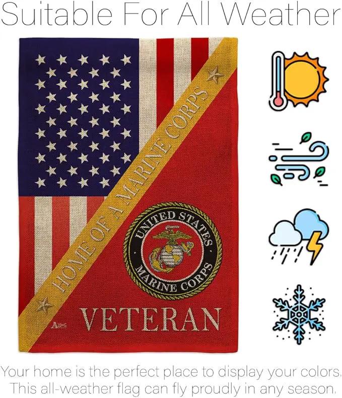 Home of Marine Corps Burlap Garden Flag - Set with Stand Armed Forces USMC Semper Fi United State American Military Veteran Retire Official House Banner Cemetery Yard Rememberance Veterans Day Gifts by GreenHaven Gardens