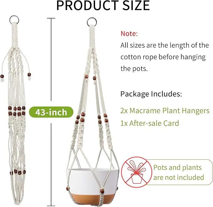 43 Inch Macrame Plant Hanger - Fits 6-15 Inch Pots, Extra Long Hanging Planter Holder for Indoor Outdoor, with Red Wood Beads, Boho Home Decor, 2 Pack, Ivory (POTS NOT Included) by GreenHaven Gardens