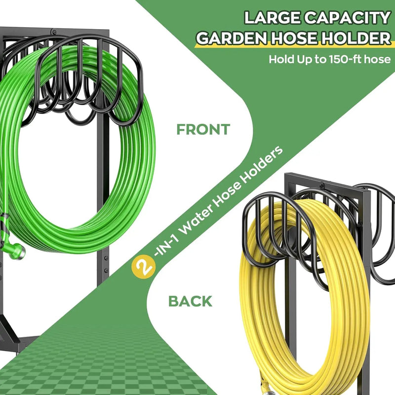 Garden Water Hose Holder Holds 2 * 150Ft Hoses, Heavy-Duty Metal Freestanding Hose Holder with 4 Spikes, Rustproof Garden Hose Reels Hose Hanger Storage for Outside, Yard, Lawn, Farm, Black by GreenHaven Gardens
