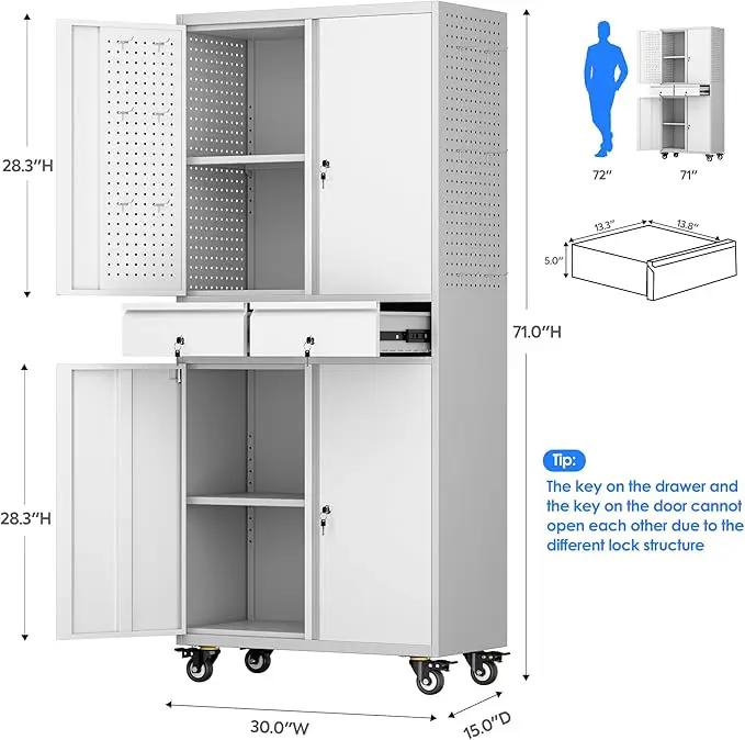 Metal Garage Storage Cabinet with Locking Doors and 2 Adjustable Shelves, Rolling Tool Storage Cabinet with 4 Wheels and 2 Drawer for Garage, Warehouse, White and Gray, Assembly Required by GreenHaven Gardens