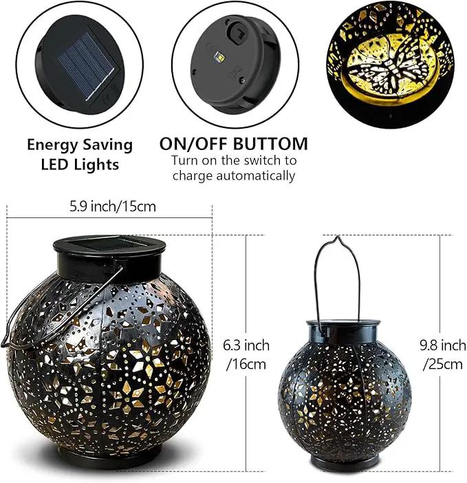 2 Pack Outdoor Solar Lantern Lights, Waterproof Tabletop LED Moroccan Lanterns, Hanging Metal Decorative Garden Lights for Patio, Lawn, Porch, Backyard by GreenHaven Gardens