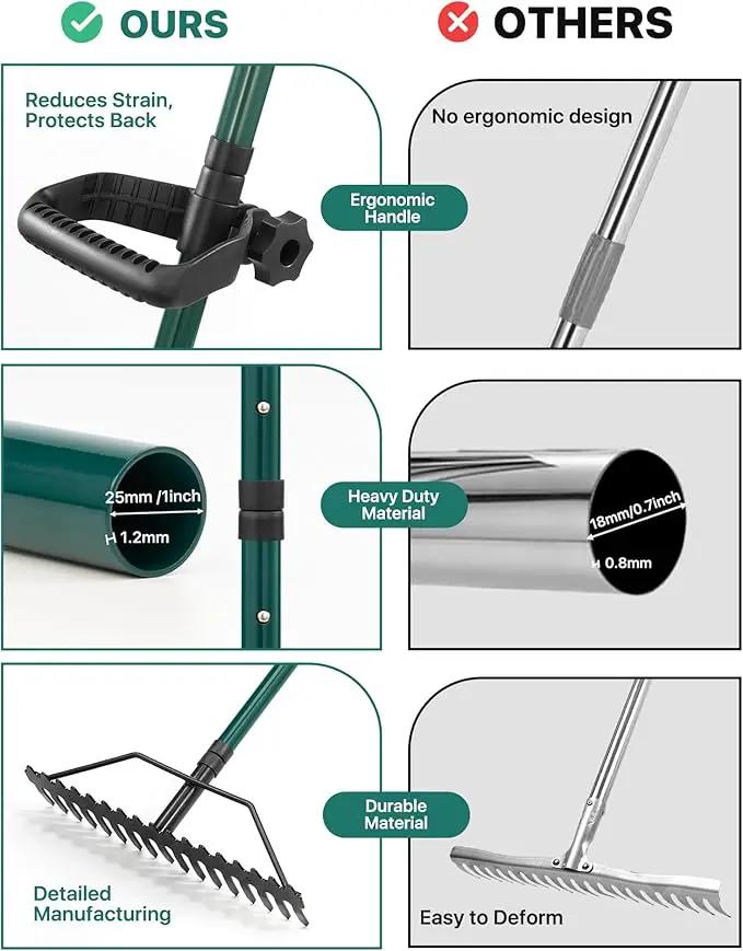 Garden Rake, 17'' Thatch Rake Heavy Duty with 63'' Long Back-Saving Adjustable Handle, Heavy Duty Metal Garden Tool for Loosening Leveling Soil, Gathering Leaves Grass, Weeding by GreenHaven Gardens