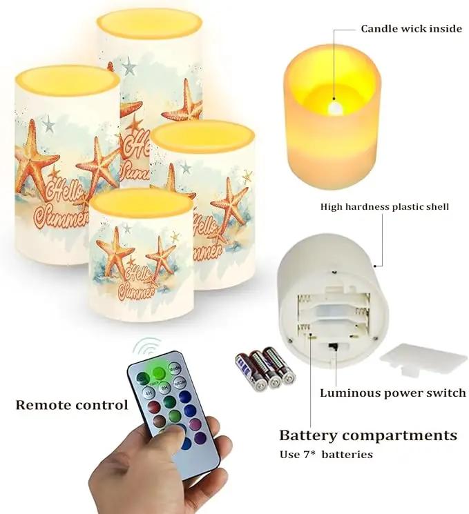 Flameless LED Candles Electric Candles with Remote Timer Control Color Changing Long Lasting Tealights Fake Candles Set of 4, Beach Themed Home Decoration, Starfish Hello Summer by GreenHaven Gardens