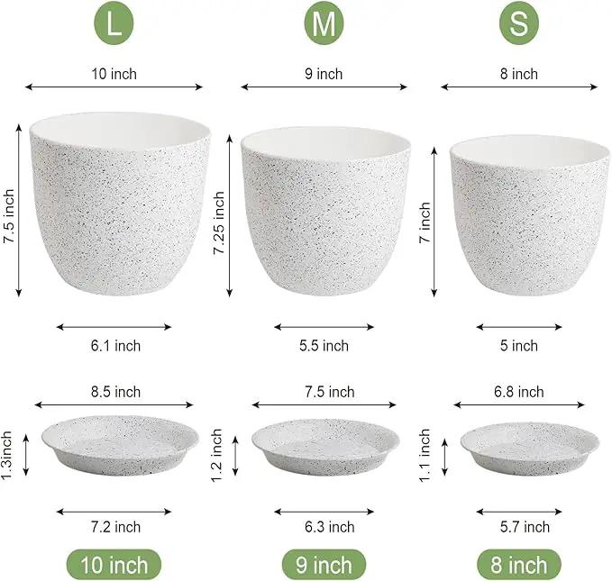 10/9/8 inch Medium Plant Pots, Set of 3 Modern Decorative Plastic Planters with Drainage Holes and Saucers for Garden House Plants, Flower Pots for Indoor Outdoor Plants, Speckled White by GreenHaven Gardens