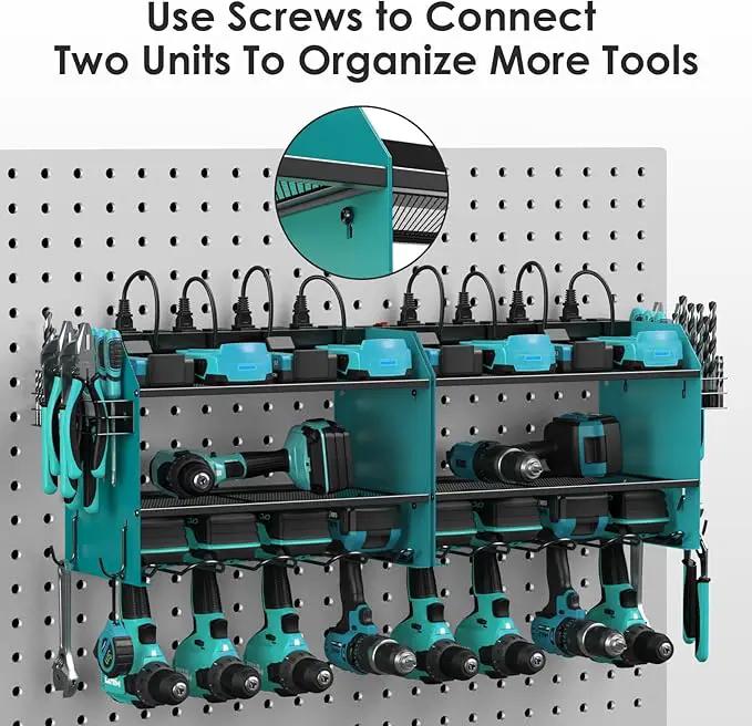 CCCEI Set Power Tool Organizer Wall Mount with Charging Station. Garage 4 Drill Storage Shelf with Hooks, Heavy Duty Metal Tool Battery Charger Organizer. Shop Utility Rack with Power Strip Navy Blue. by GreenHaven Gardens