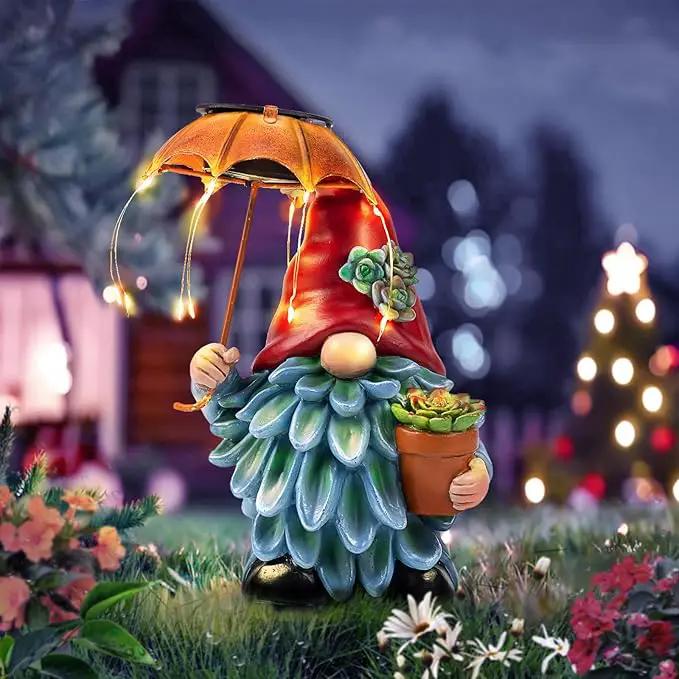 Solar Outdoor Statues Gnome Garden Decor, Garden Gnome with Solar LED Umbrella Decorative for Patio, Balcony, Lawn, Yard Ornament - Unique Gardening Gifts for Mom Grandma by GreenHaven Gardens