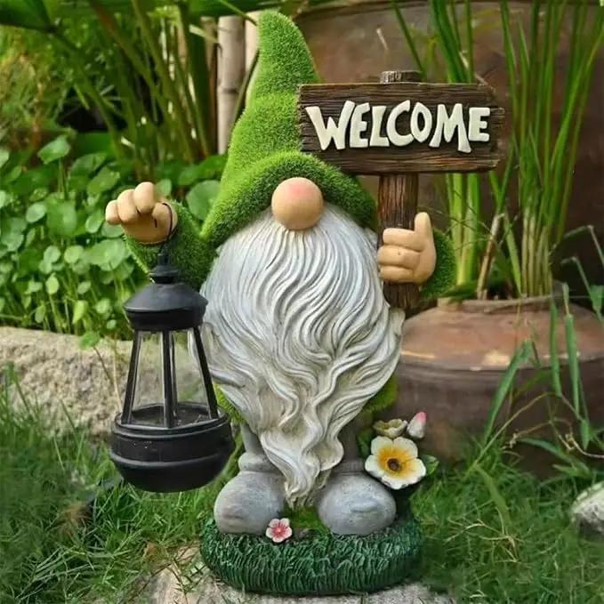 Garden Gnome Statue Outdoor Decor Large Flocked Resin Gnome Figurine with Solar Light Holding Lantern Welcome Sign Garden Yard Decorations Dwarf Sculpture for Outside Patio Porch Lawn Decor. by GreenHaven Gardens