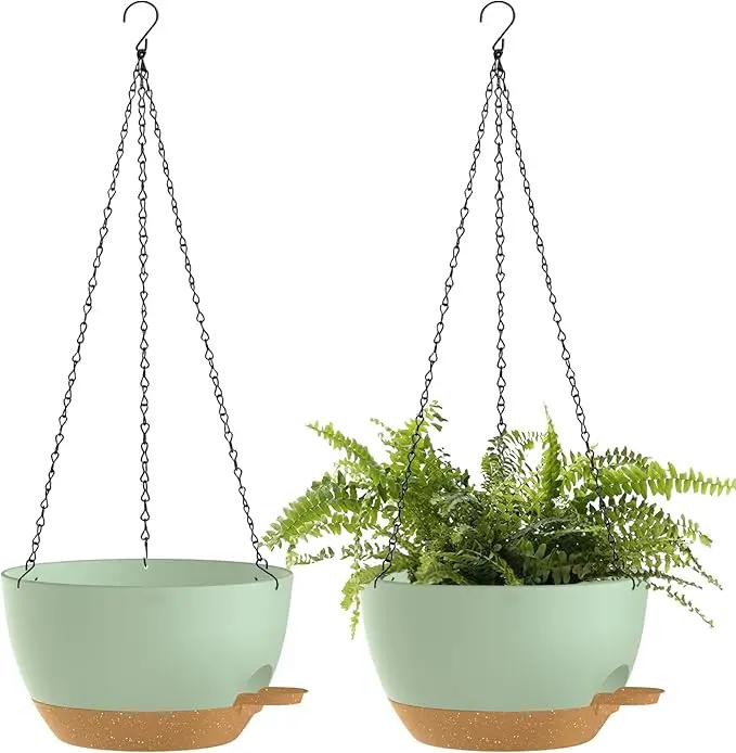 12 Inch Hanging Baskets 2 PC with Chains, Self-Watering Hanging Planters for Indoor Outdoor Plants, Plastic Hanging Flower Pots,Green Brown by GreenHaven Gardens