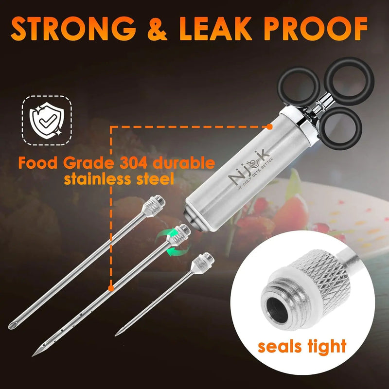 Stainless Steel Meat Flavor Injector Kit, 2-oz Large Capacity with 3 Professional Needles, Marinade and Seasoning Injector Syringe for Beef, Turkey, Brisket, Sturdy and Heavy-duty for BBQ Grill by GreenHaven Gardens