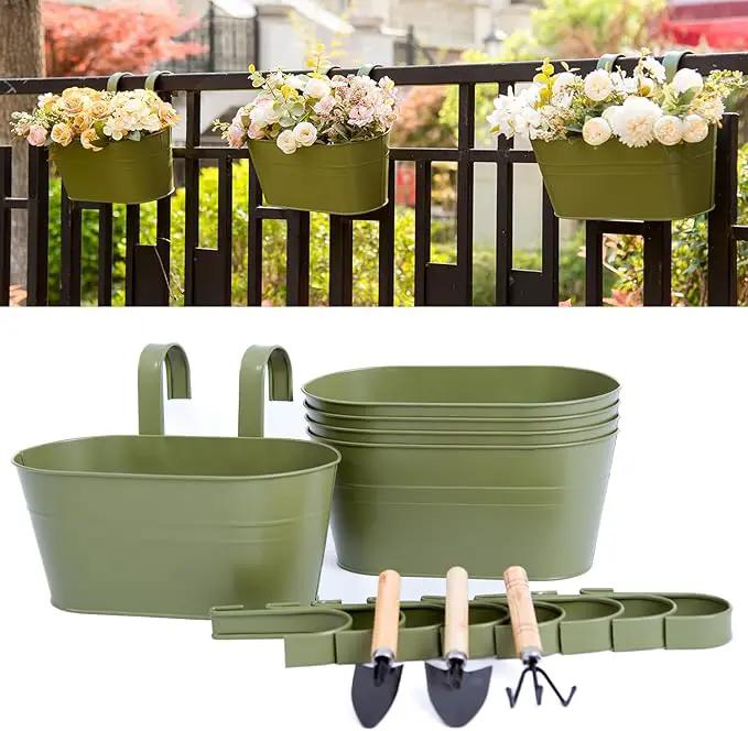5 Pack Metal Hanging Flower Pots for Railing Fence，Outdoor Balcony Rail Planter with Garden Tools Detachable Hooks Drainage Holes for Deck Garden Home Decor Green by GreenHaven Gardens