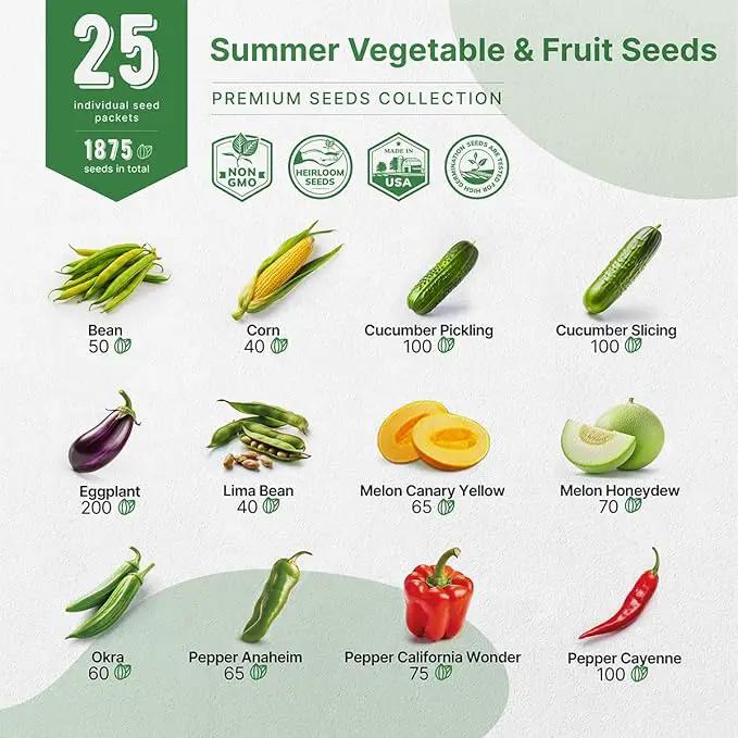 25 Summer Vegetable & Fruit Seeds Variety Pack - 1,870+ Non-GMO Heirloom Veggie & Fruits Seeds for Outdoors and Indoor Home Gardening, Including Collards, Tomato, Pepper, Okra, Onion, Bean, Cucumber by GreenHaven Gardens