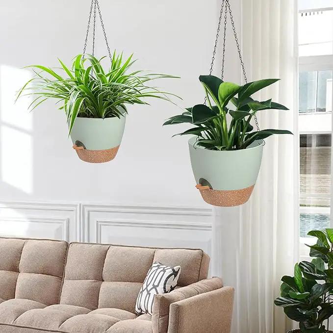 3 Pack Hanging Planter Indoor Outdoor Flower Pots 7/6.5/5 Inch, Self-Watering Hanging Pot with Drainage Holes Hanging Baskets Holder Plant Pots for Garden (Green) by GreenHaven Gardens