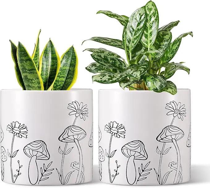 Mushroom Ceramic Plant Pot Set of 2, 5 Inch Modern Stylish White Round Flower Pots with Drainage Holes, Planter Decor for Indoor-Outdoor Plants Spider Plant, Pothos, Gift for Woman and Friends by GreenHaven Gardens