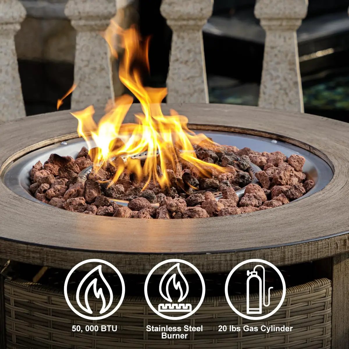32 inch Propane Fire Pit Table,Wicker Gas Fire Pits Table with Lid & Lava Rocks, 50000 BTU Round Propane Firepit for Outside, Fire Table for Dining,Party, Patio,Yard by GreenHaven Gardens
