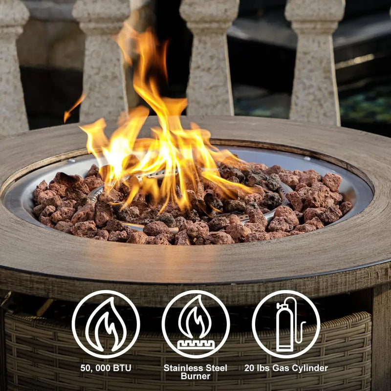 32 inch Propane Fire Pit Table,Wicker Gas Fire Pits Table with Lid & Lava Rocks, 50000 BTU Round Propane Firepit for Outside, Fire Table for Dining,Party, Patio,Yard by GreenHaven Gardens