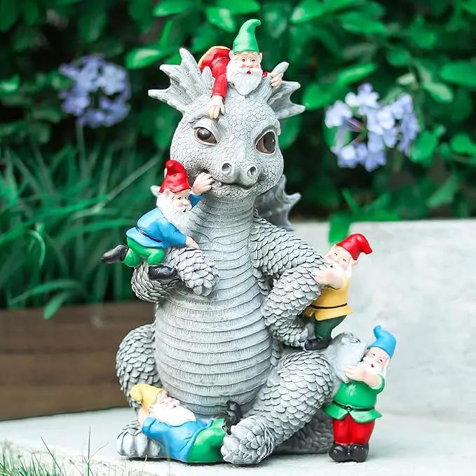Dragon Gnome Statues Outdoor Decor, 13” Dinosaur Play with Gnomes Garden Statue, Outdoor Statue for All Season Lawn Decor, Garden Decoration, Gardening Gift by GreenHaven Gardens